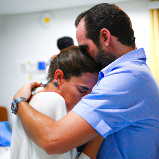 Pareja joven de casados abrazados llorando en un hospital
