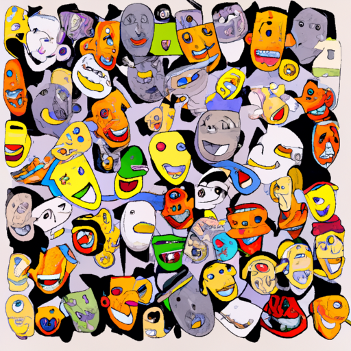 Muchas personas con grandes sonrisas, arte surrealista.