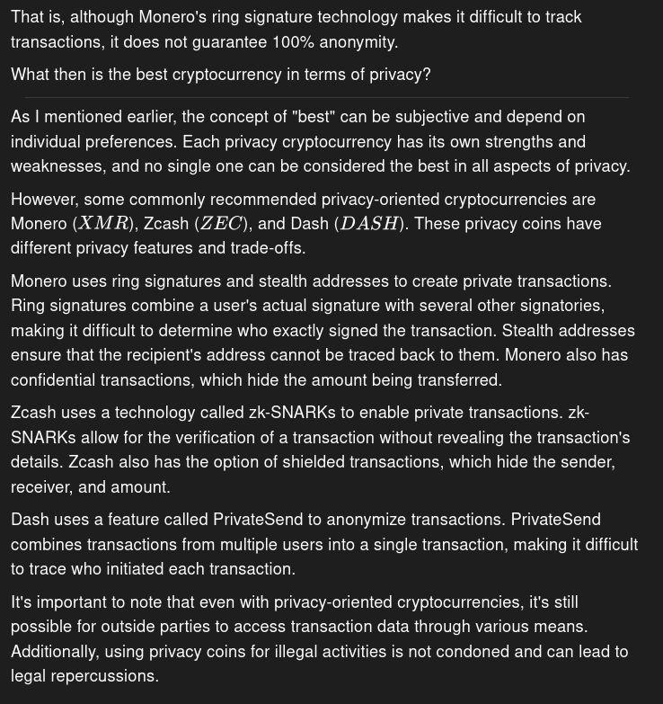 That is, although Monero's ring signature technology makes it difficult to track transactions, it does not guarantee 100% anonymity. / AI Chat2Z