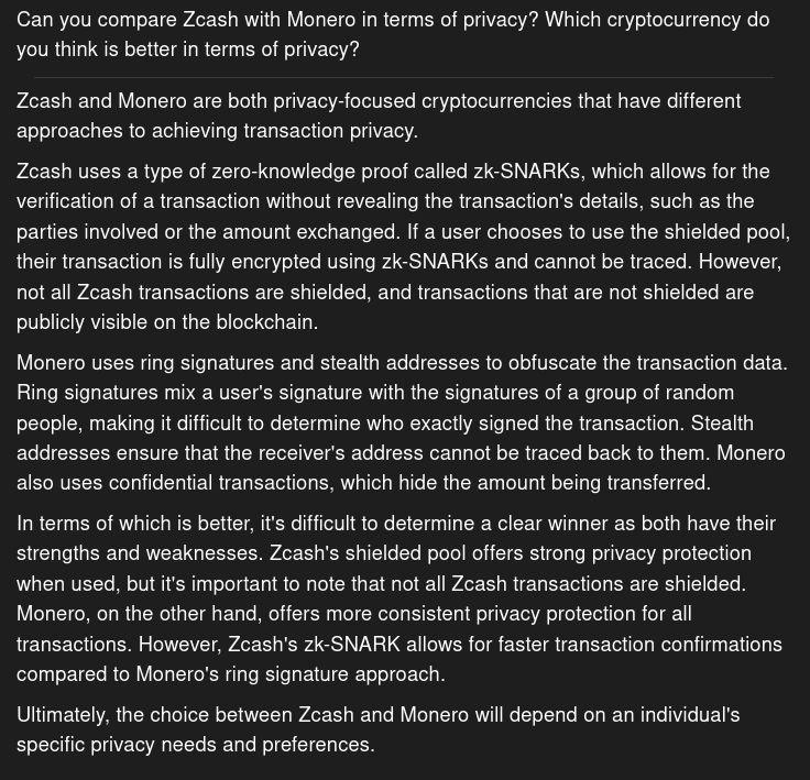 Compare Zcash with Monero in terms of privacy. Which cryptocurrency is better in terms of privacy? / AI Chat2Z