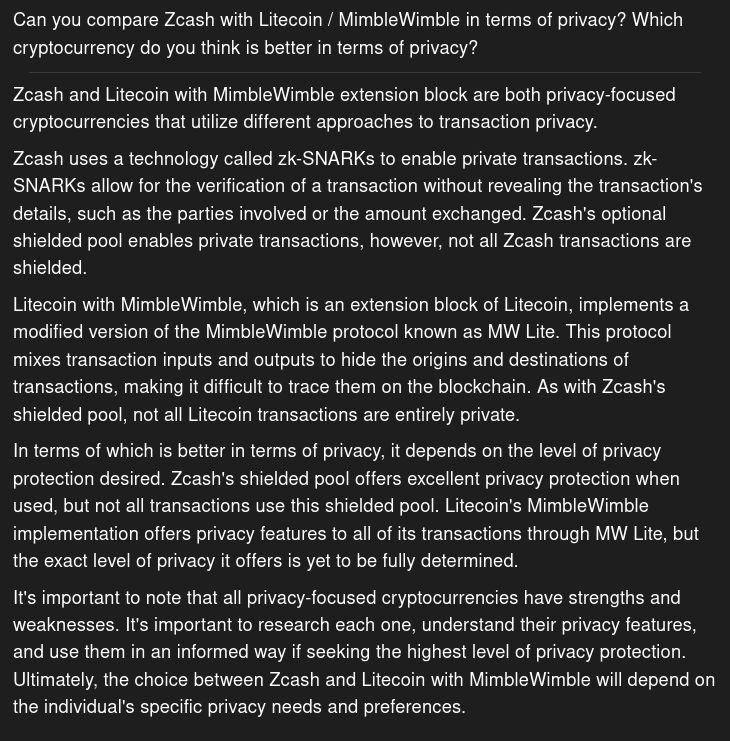 Compare Zcash with Litecoin / MimbleWimble in terms of privacy. Which cryptocurrency is better in terms of privacy? / AI Chat2Z