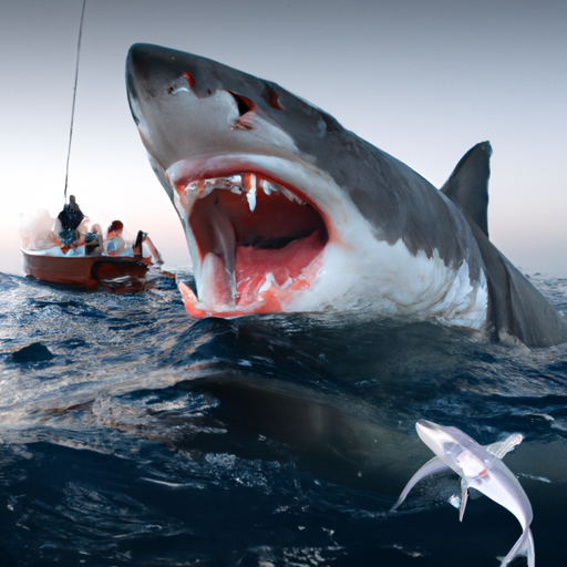 A great white shark eating a big boat