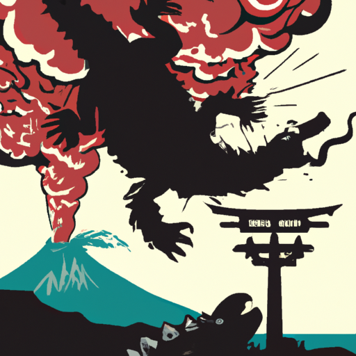 godzilla fighting the kraken during an intense military battle with a nuclear bomb mushroom cloud in the background in the style of a japanese imperial propaganda poster