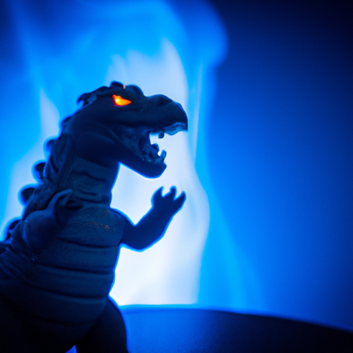 godzilla pointing his head up breathing fire in a dark blue scene