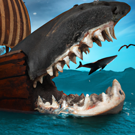 Megalodon biting into a pirate ship, realistic photograph