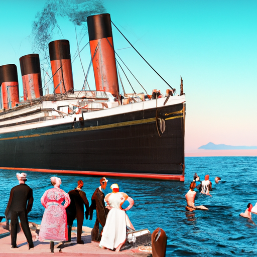 The titanic about to leave port on a sunny day with fancy people on it.