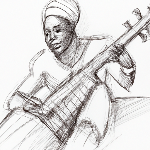 african musician of timbuktu mali playing kora pencil drawing