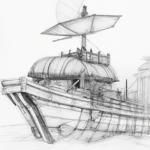 Pencil drawing of medieval japanese warship