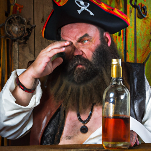 photograph of the pirate black beard sitting at a bar having a whiskey