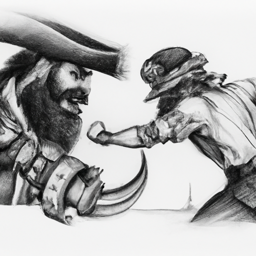 realistic pencil drawing of the pirate black beard fighting a soldier