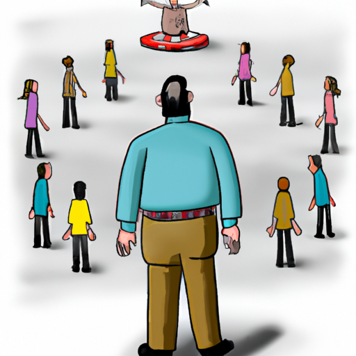 crowd of people gathered around a hypnotist worshipping him but one or two deciding to walk away