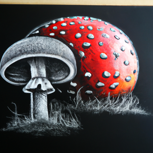 charcoal drawing on amanita muscaria mushroom