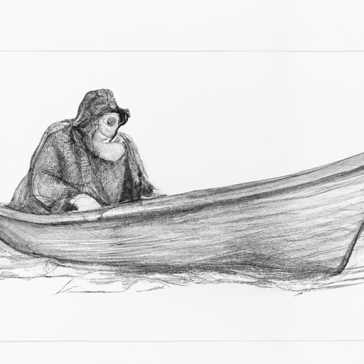 pencil drawing of an old man in a small boat