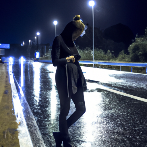 Mujer en la carretera de noche bajo la lluvia