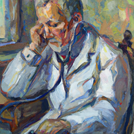 A renoir painting of an old man listening to a computer with a stethoscope