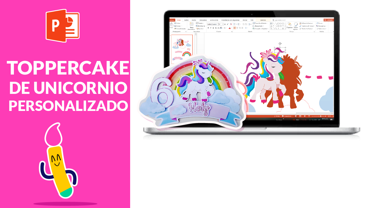 Diseña a gusto y arma un toppercake con tema de Unicornio (Puedes cambiar los colores en PowerPoint)