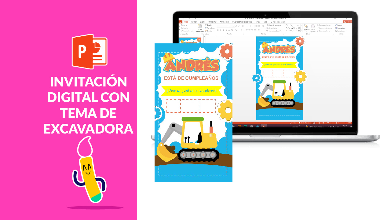 Invitación digital con tema de excavadora editable en Power Point