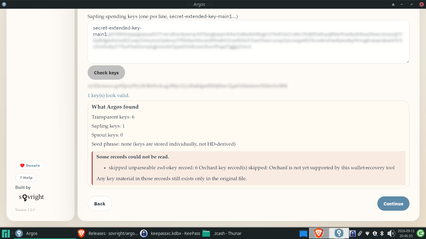 Экран Argos со счётчиками найденных ключей. Screenshot_2026-09-12_20-45-36