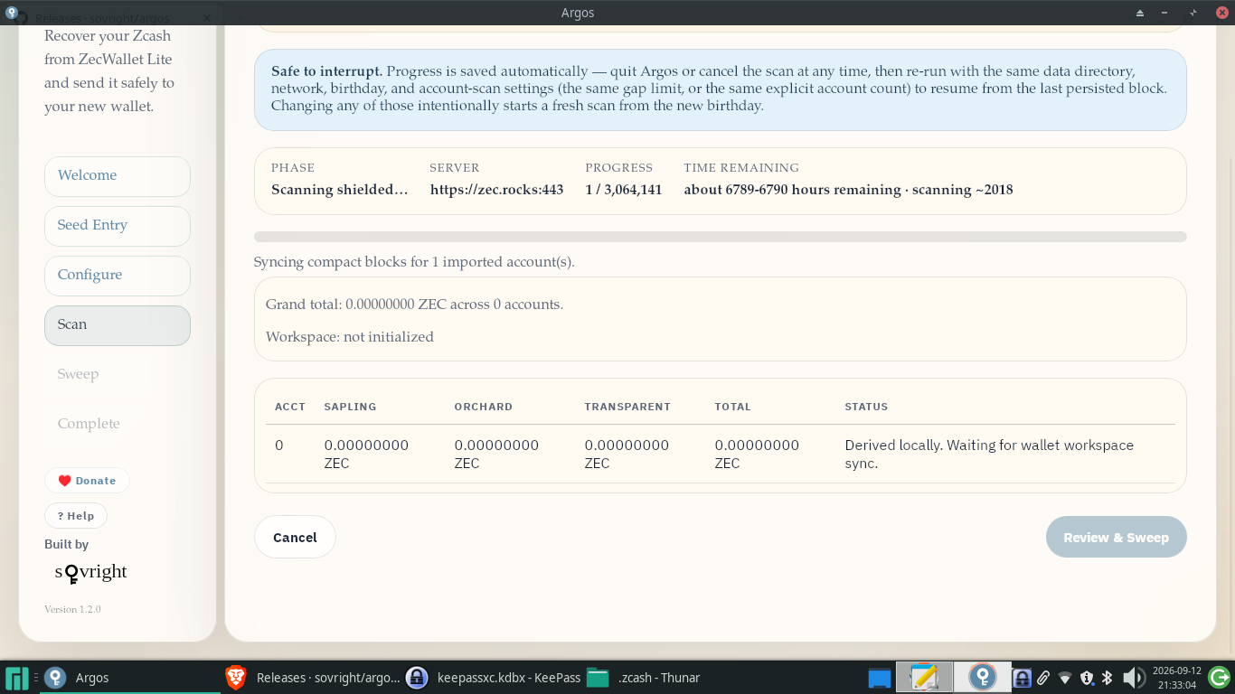 Прогресс сканирования Argos, Sprout показан отдельно. Screenshot_2026-09-12_21-33-07