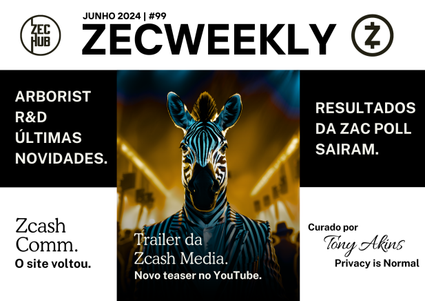 ZecWeekly #99 - Zcash Media Trailer, Atualizações de P&D da Arborist Call & muito mais