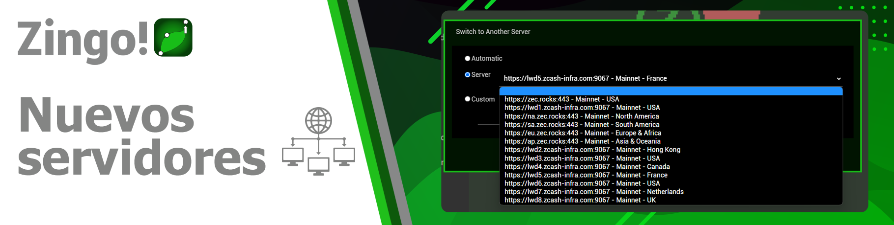 👉Toca en **Wallet > Server info > Switch to Another Server** para cambiar de servidor
