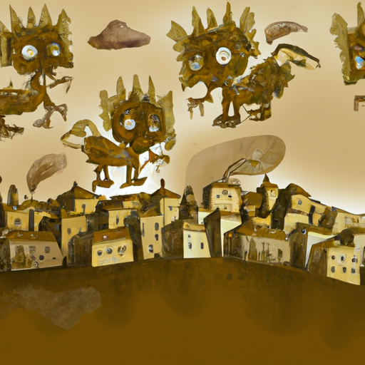 strange mythical creatures attacking a town