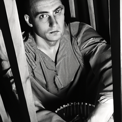 black and white photo of starving prisoner - gulag, chain gang
