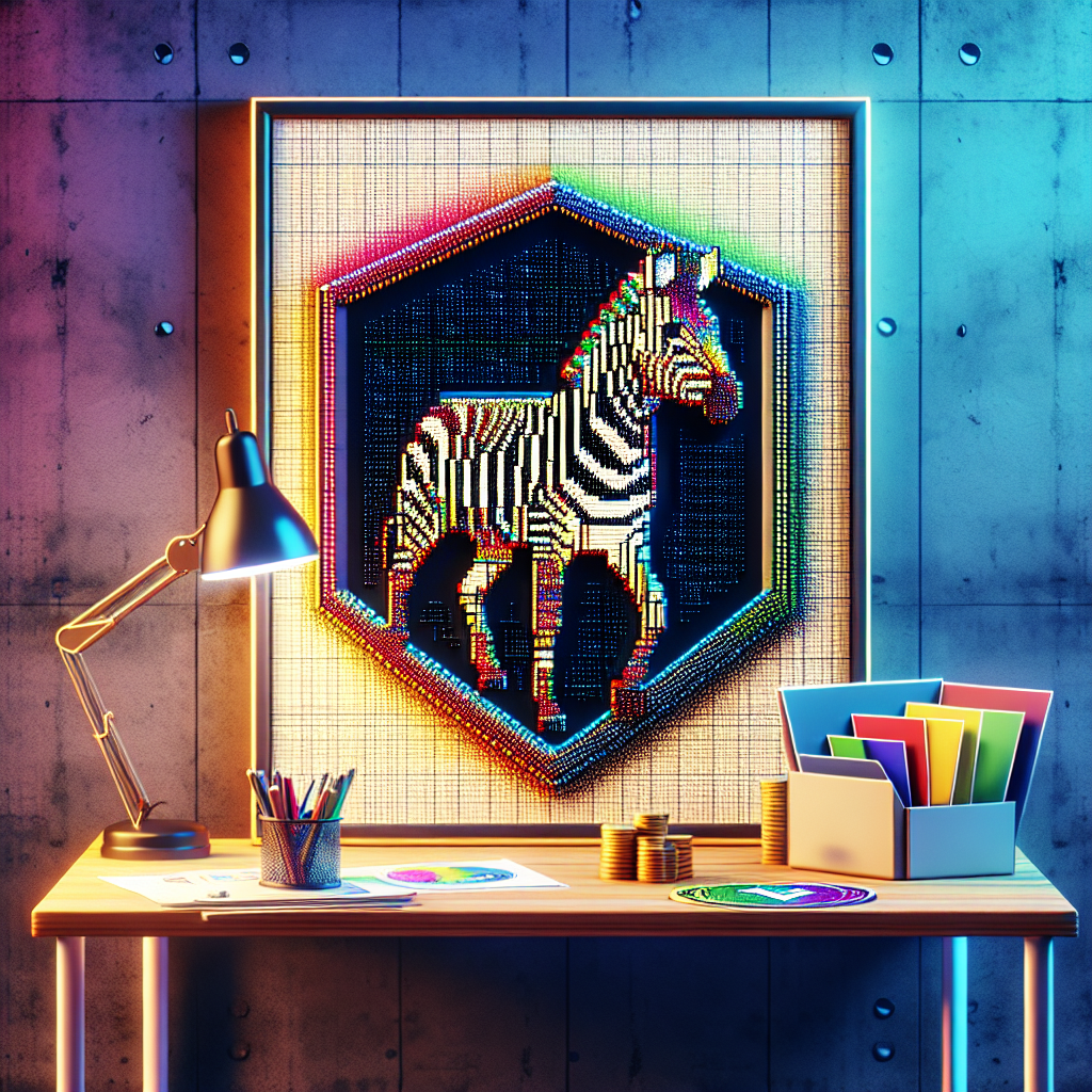 ascii zebra connected to a NFT printed in a frame, in color, nod