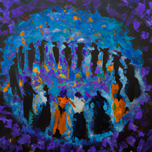 An impressionistic oil painting of people in a circle with cool 