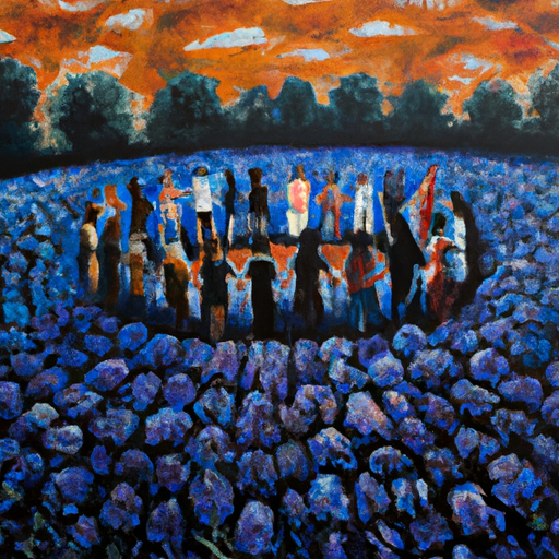 An impressionistic oil painting of people in a large circle with