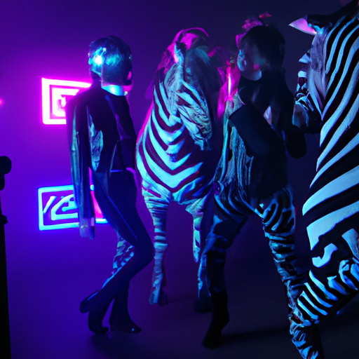 Futuristic psychedelic video shoot with cypherpunk zebras, purpl