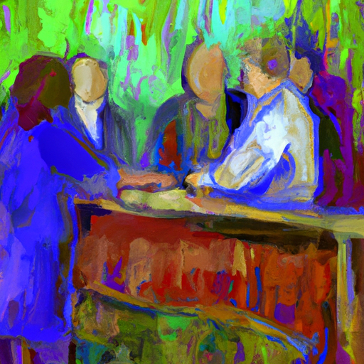 impressionistic painting of people exchanging money over a table