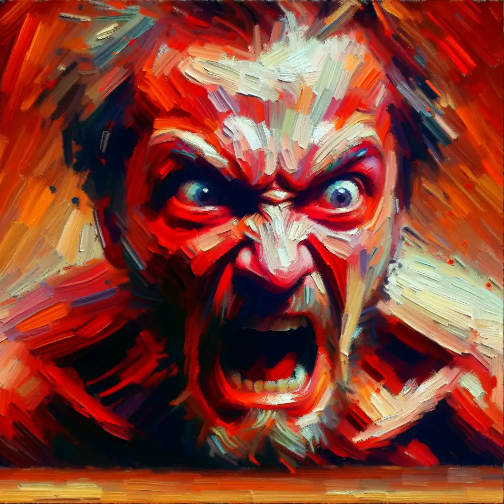 Impressionistic representation of a deranged and angry man.