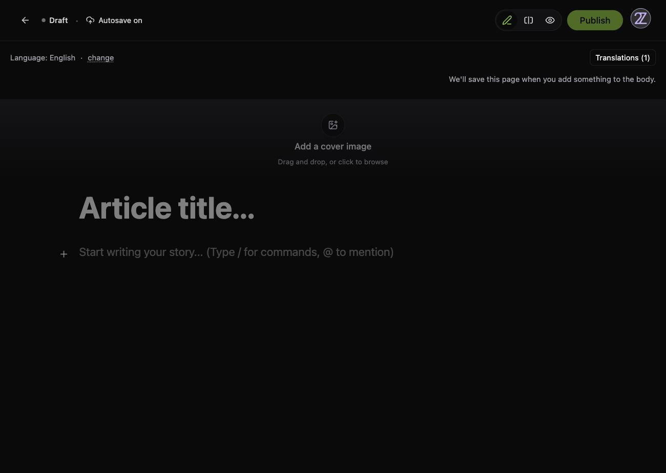Un borrador vacío de zPage en el nuevo editor