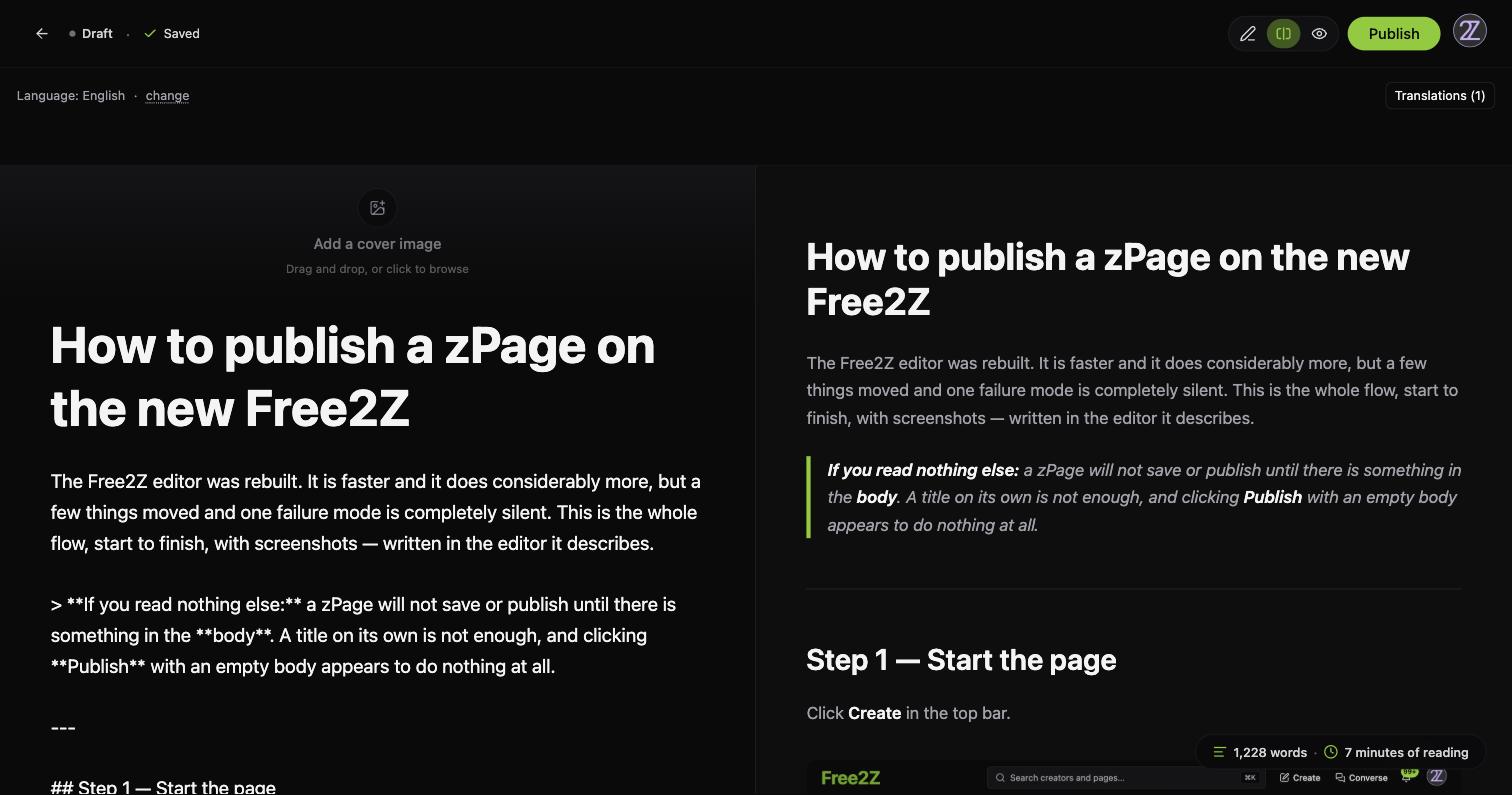 Vista dividida con el origen Markdown a la izquierda y la página renderizada a la derecha