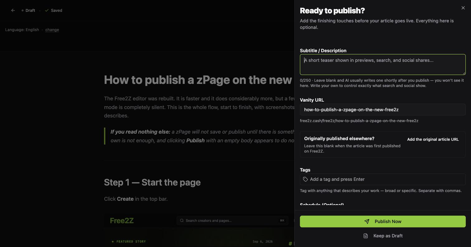El panel de publicación, mostrando campos de subtítulo y URL personalizada