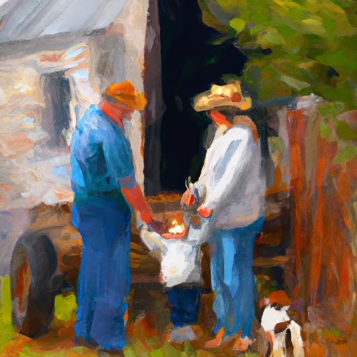 Impressionistic painting of a familly on a farm pick up a puppy