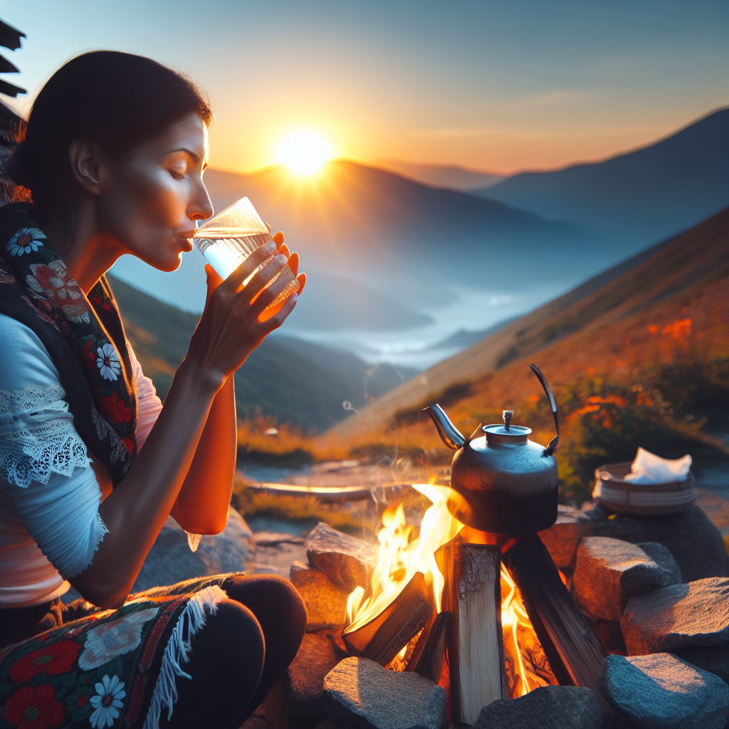 An image of a beautiful female yogi drinking water warmed by a f