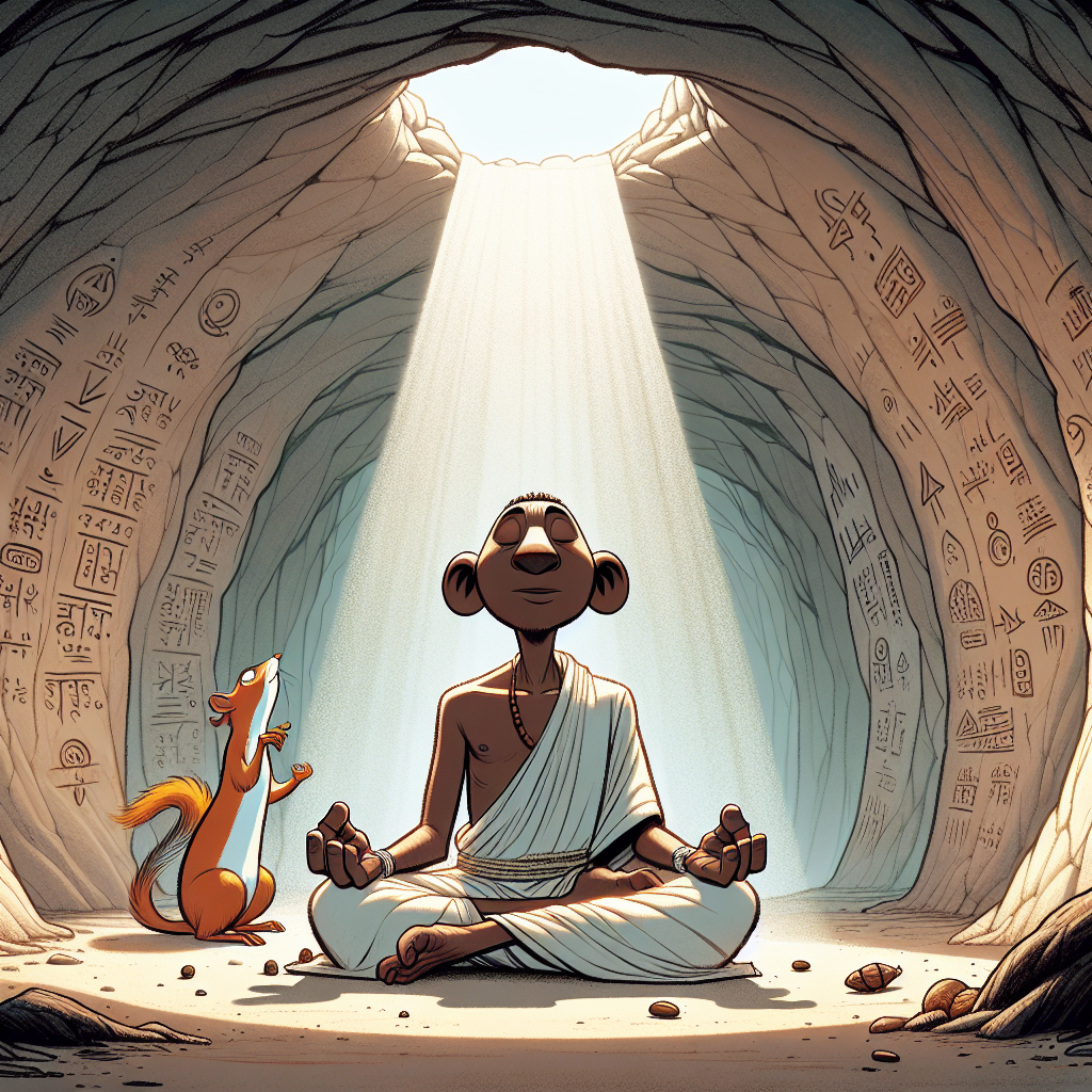 Funny cartoon of a hermit meditating in a cave