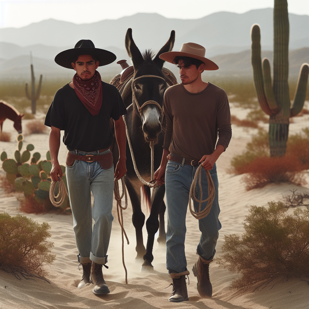 Los Dos Carnales walking a mule through the desert.
