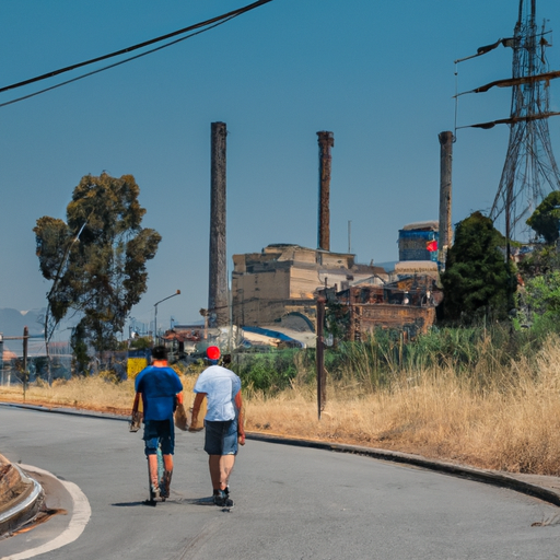 two güeros walking in the hot sun in an industrial zone outside 