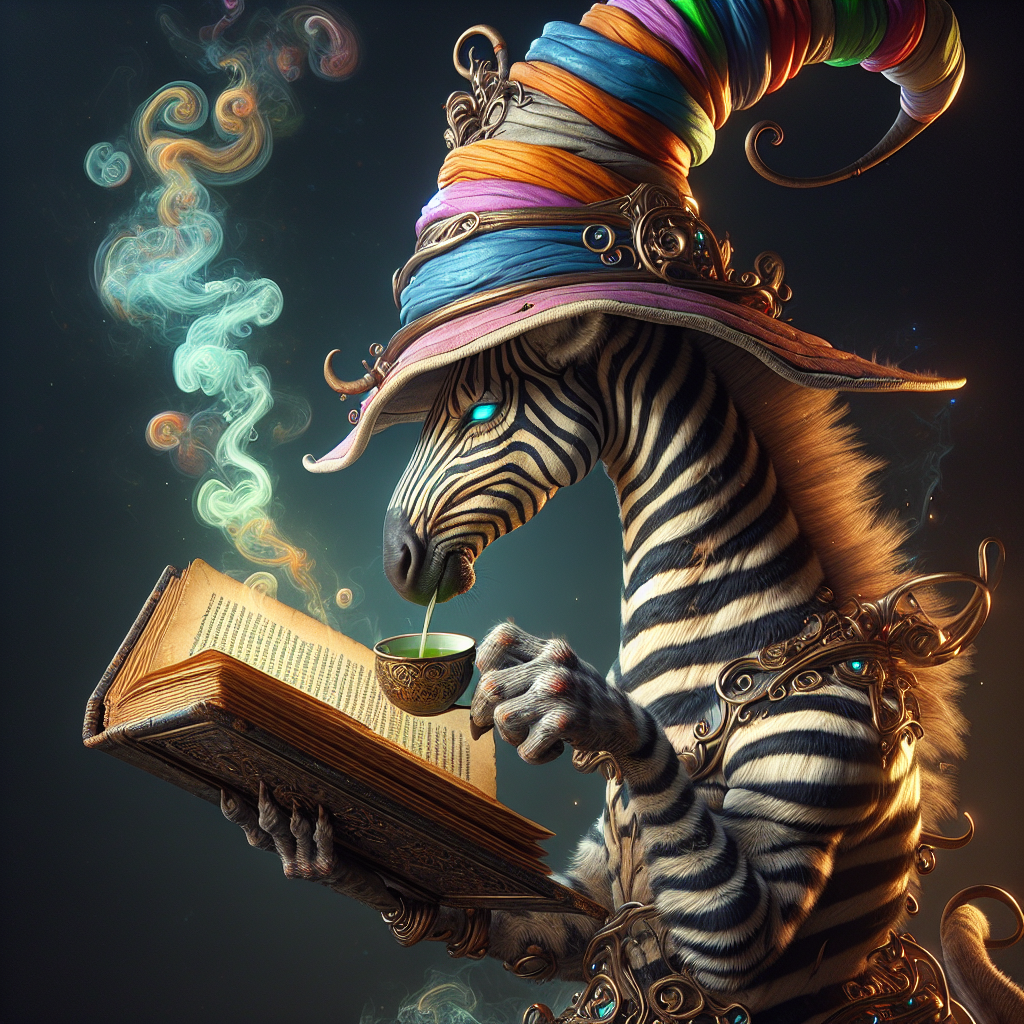 zebra-human hybrid is a wizard hat sipping a tea and reading a b