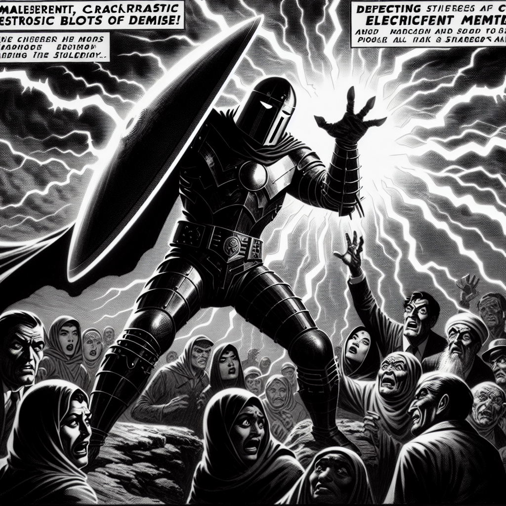 Dark avenger with shield blocking evil electrical beams of death