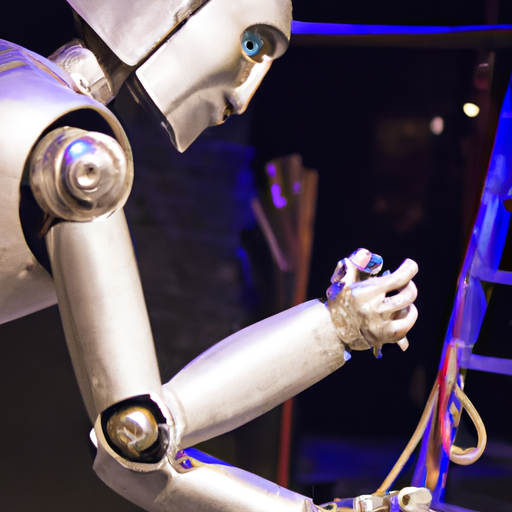 A robot puppet controlled by a puppeteer with an evil face, deta