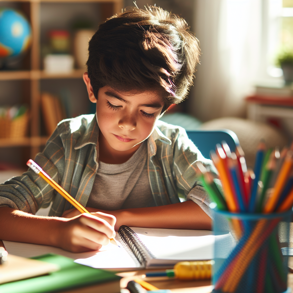 Un niño sentado en una mesa con un lapiz y un cuaderno estudiand