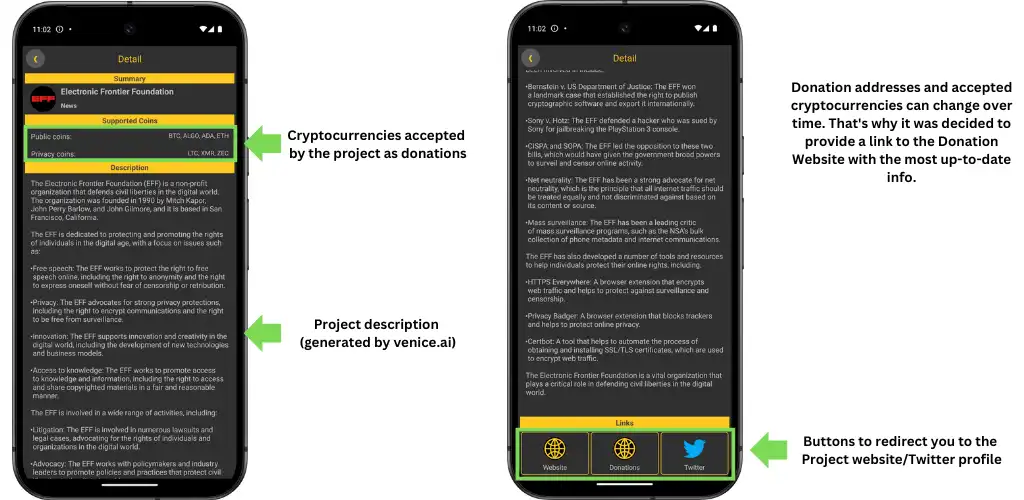 Detail screen of the project which accepts crypto donations