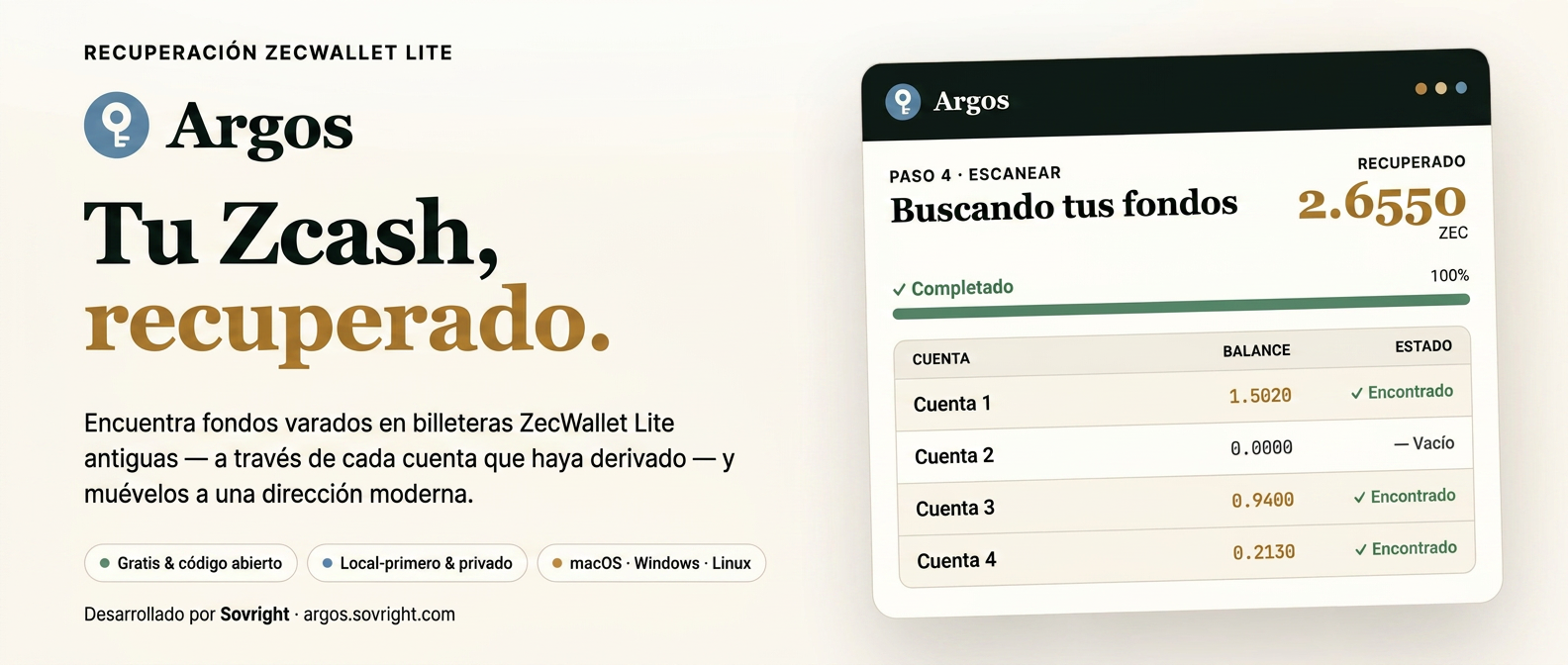 Argos de Sovright. Recupera tus ZEC perdidos en ZecWallet Lite
