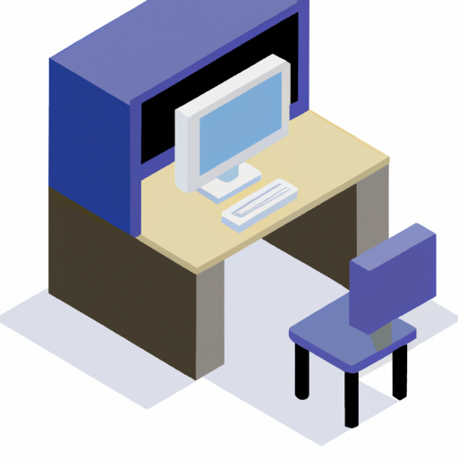 an office cubicle with a computer on a desktop in colorful isometric style